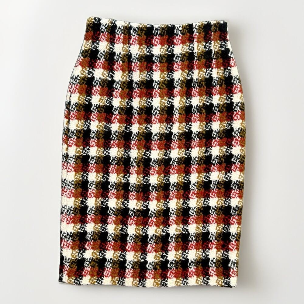 Worth Wool Pencil Skirt 0 Plaid Tweed Midi Office Old Money Dark Academia
